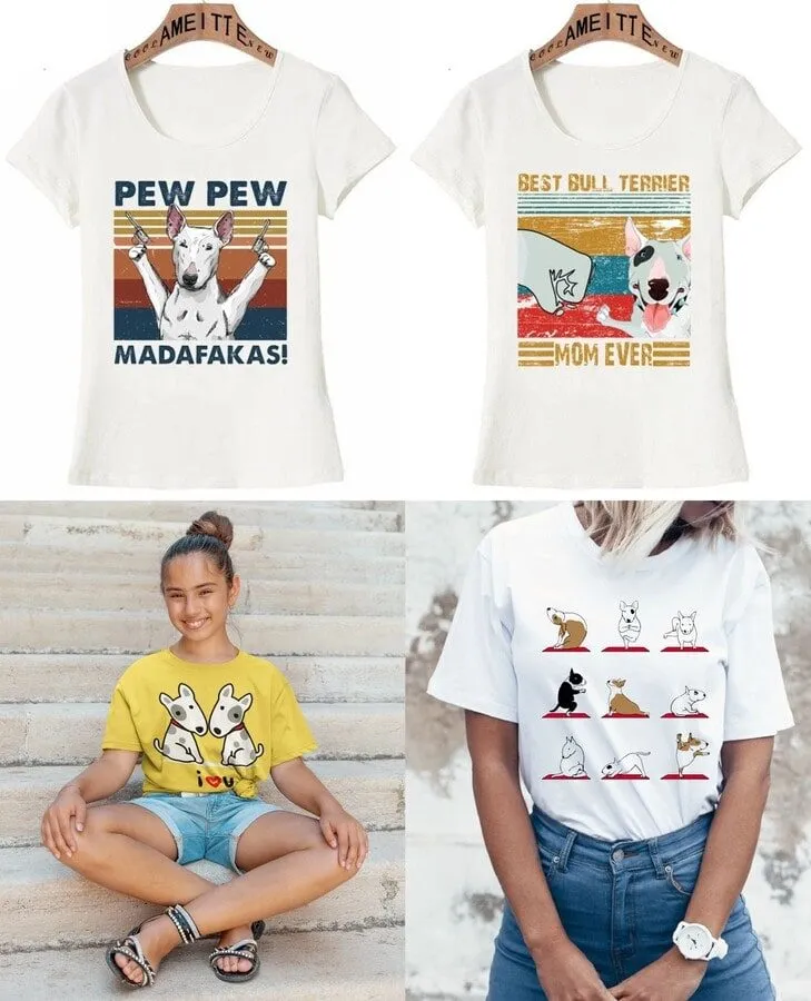 Collage of four adorable Bull Terrier t-shirts.