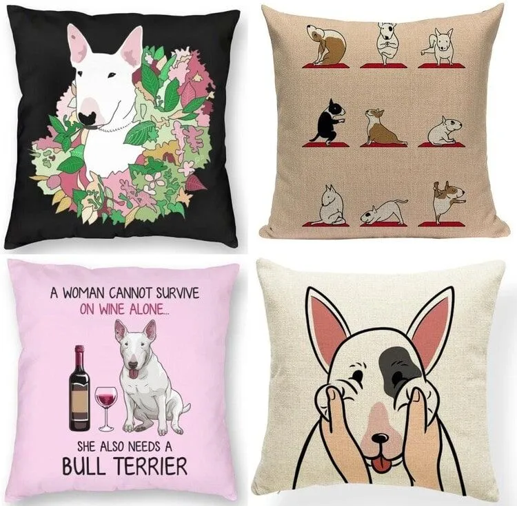Collage of four Bull Terrier pillow cases and cushion covers.