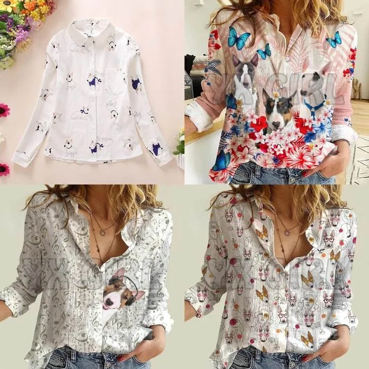 Collage of four Bull Terrier shirts in different designs.