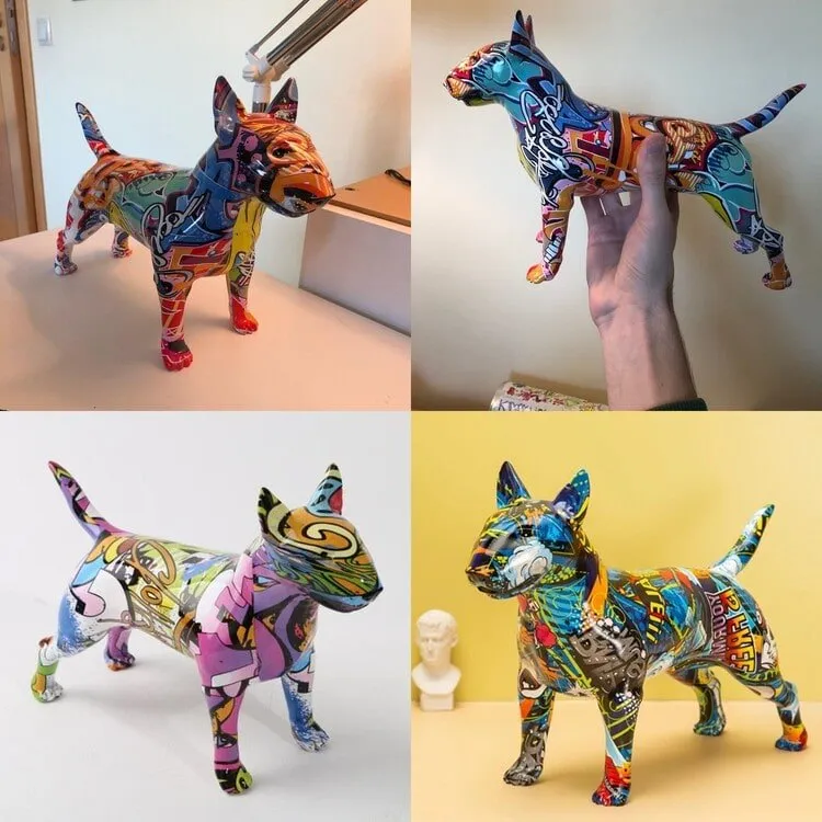 Collage of four stunning multicolor Bull Terrier statues in different color blends.