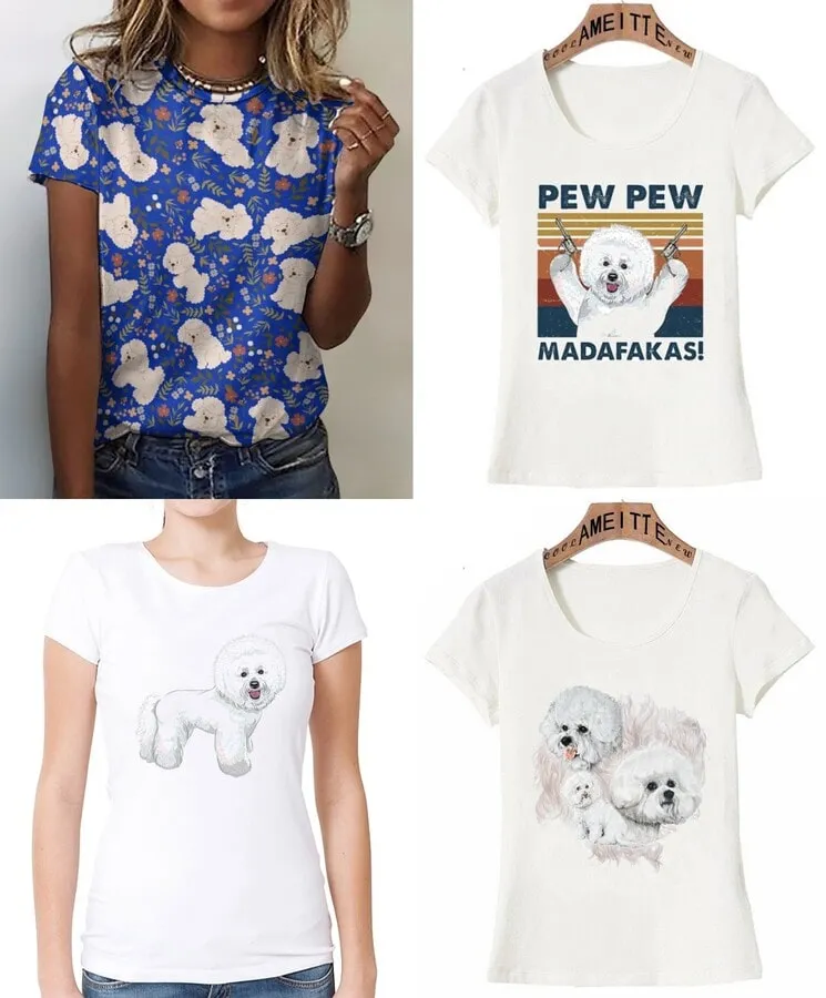 Collage of four super cute Bichon Frise t-shirts for Bichon Frise moms