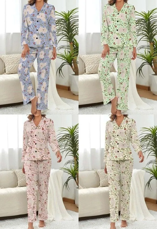 Collage of lady wearing four Bichon Frise pajama sets