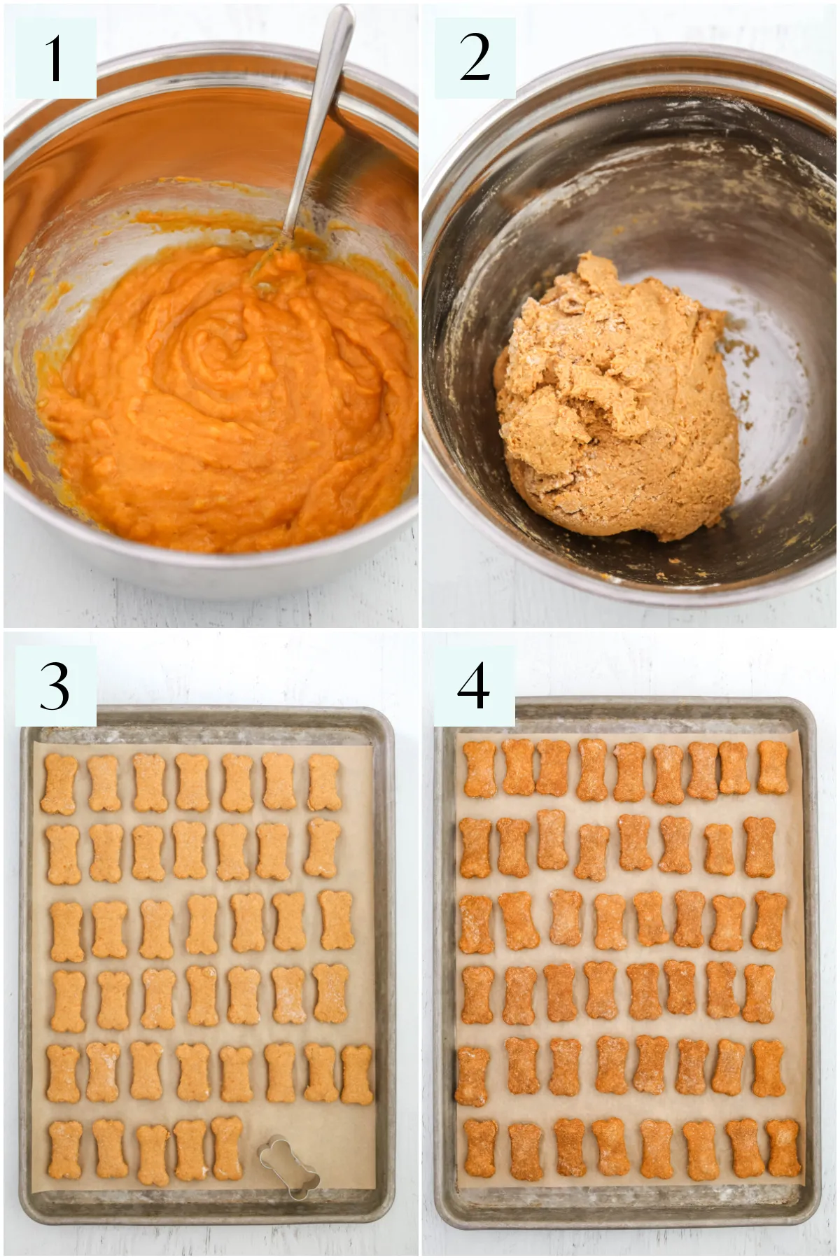 Collage of step-by-step photos demonstrating the process of mixing ingredients and preparing homemade healthy pumpkin dog treats.