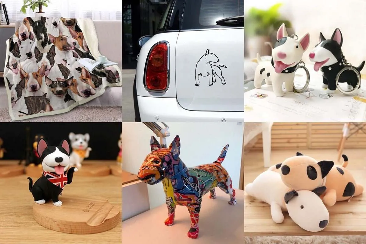 Collage of various Bull Terrier themed accessories including blankets, car decals, keychains, phone holders, plush toys, and jewelry.