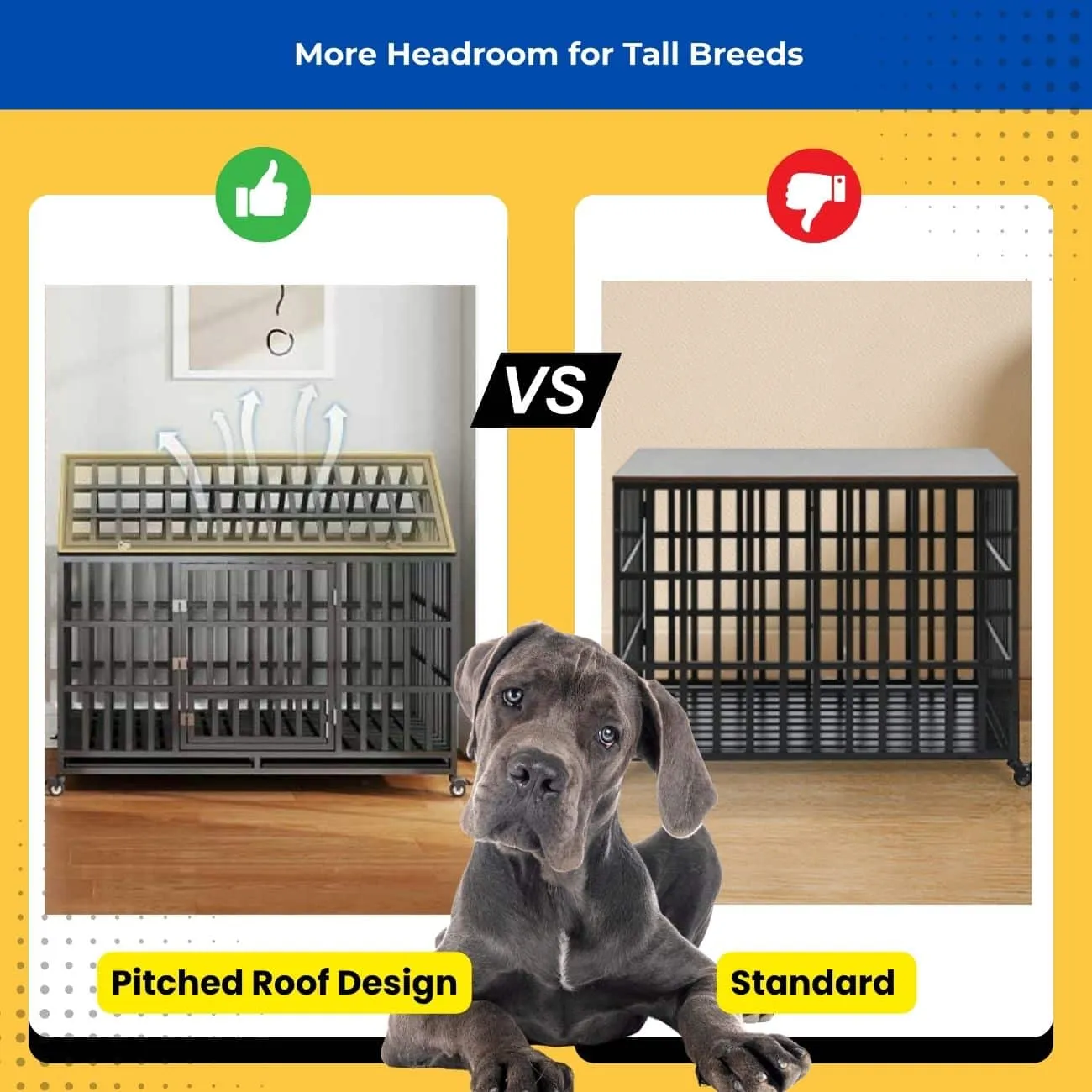 Comparison of pitched-roof vs. flat-roof dog crates with Great Dane; pitched roof offers more headroom and airflow, ideal for tall breeds.