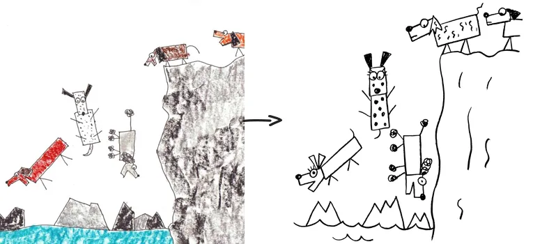 Comparison showing Tom Watson's initial Stick Dog sketch alongside Ethan Long's refined illustration of two dogs