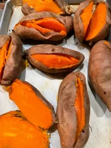 Cooked sweet potatoes, rich in fiber for dog digestion