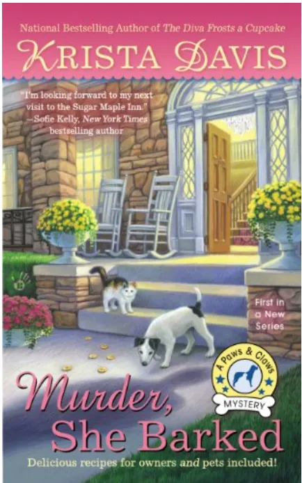 Cover of a Claws & Paws Mystery book with a dog and cat on a porch