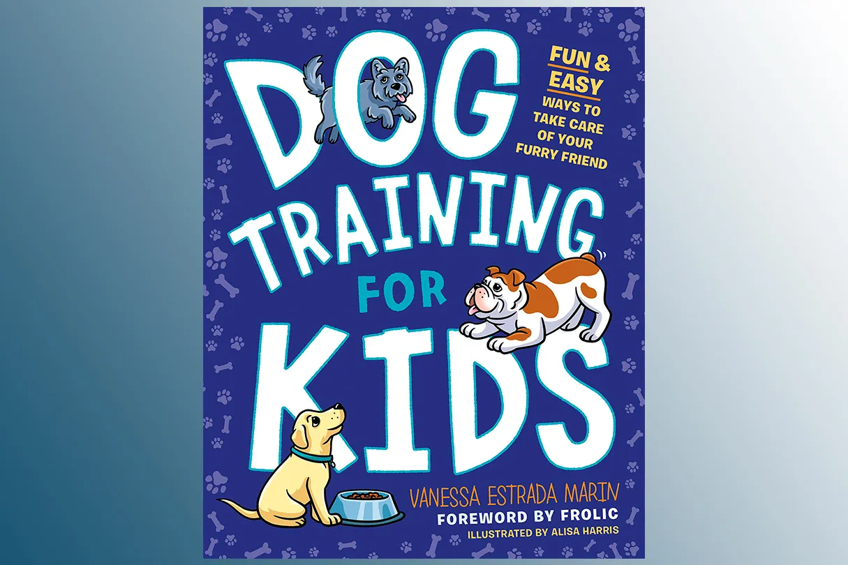 Cover of "Dog Training for Kids: Fun and Easy Ways to Care for Your Furry Friend", a children's dog training book with a blue background.