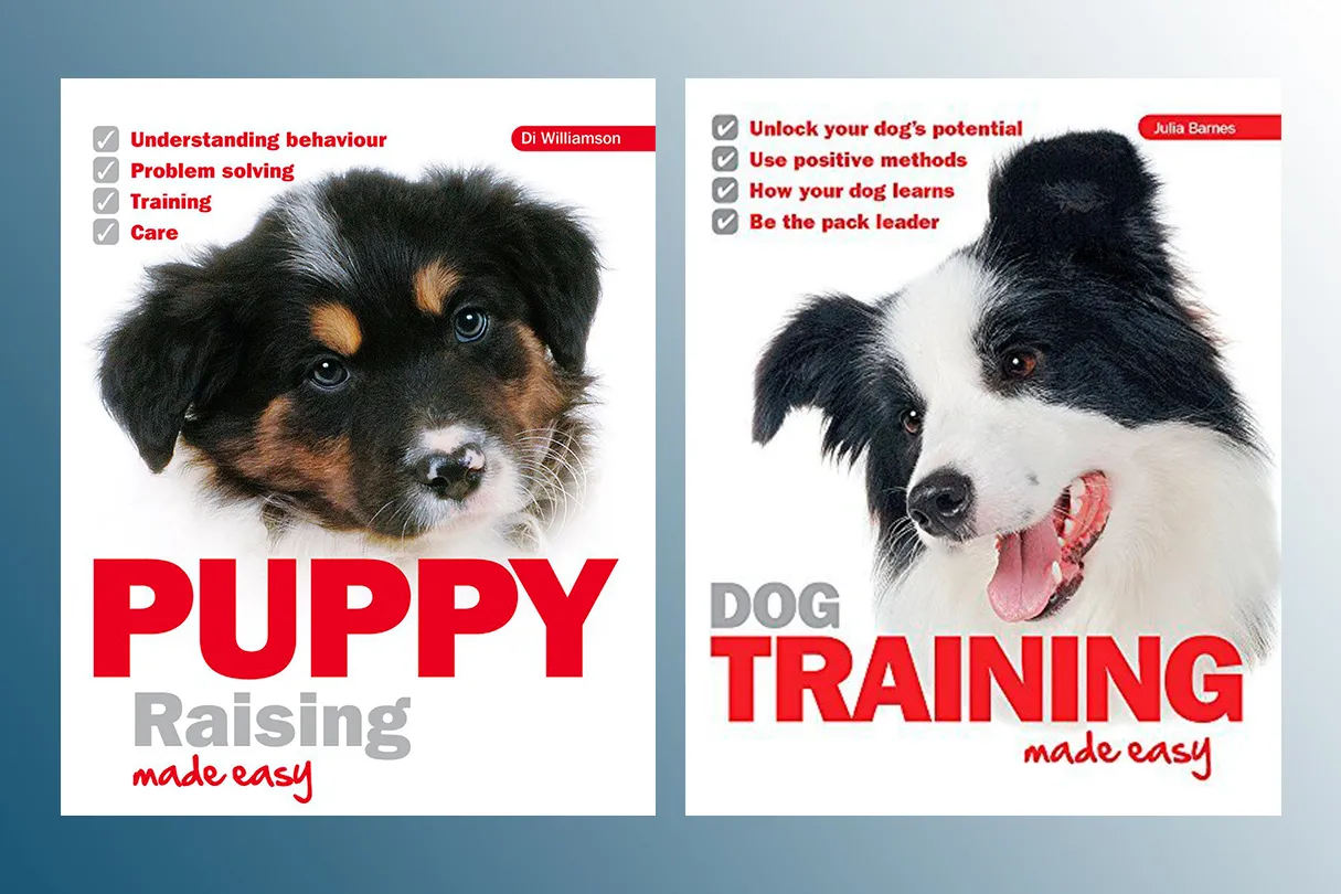 Covers of "Puppy Raising Made Easy" and "Dog Training Made Easy" by canine behaviourist Di Williamson, offering UK dog owners comprehensive training resources.