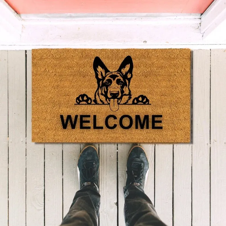 Custom dog door mat with paw prints and a personalized message, a welcoming Christmas present from dog to dad