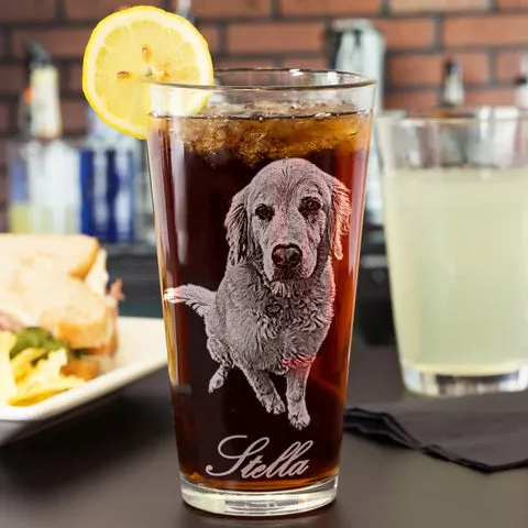 Custom engraved pint glass with a pet's face, a fun Christmas present from dog to dad