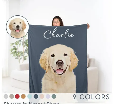 Custom pet blanket with a dog's photo, a soft and personalized Christmas present from dog to dad
