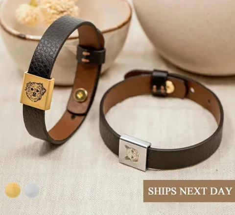 Custom pet portrait leather bracelet, a stylish Christmas present from dog to dad