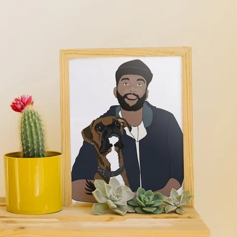 Custom portrait of a man and his dog, a heartwarming Christmas present from dog to dad