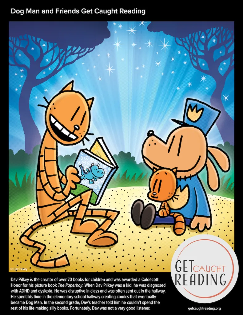 Dav Pilkey, author of Dog Man, pictured reading a book, part of the 'Get Caught Reading' campaign encouraging children to find their next dog man free read and engage with books.