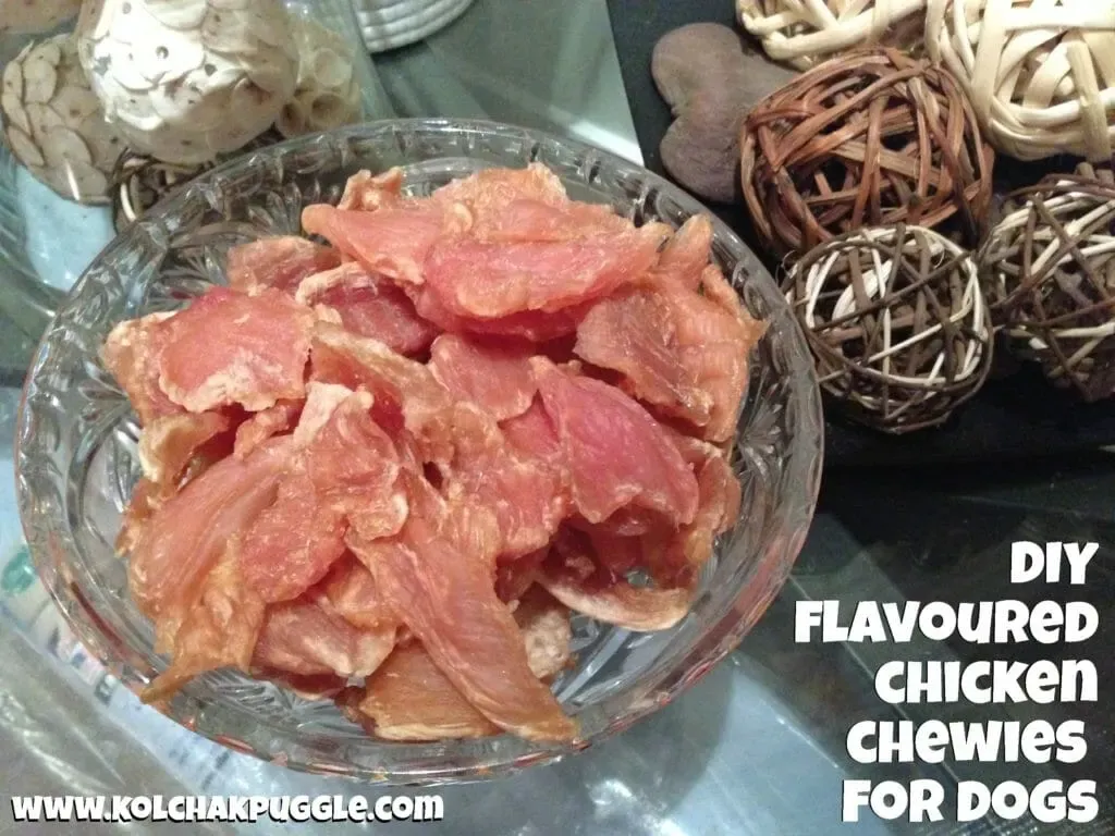 Delicious homemade oven-dried chicken jerky strips for dogs, a healthy snack