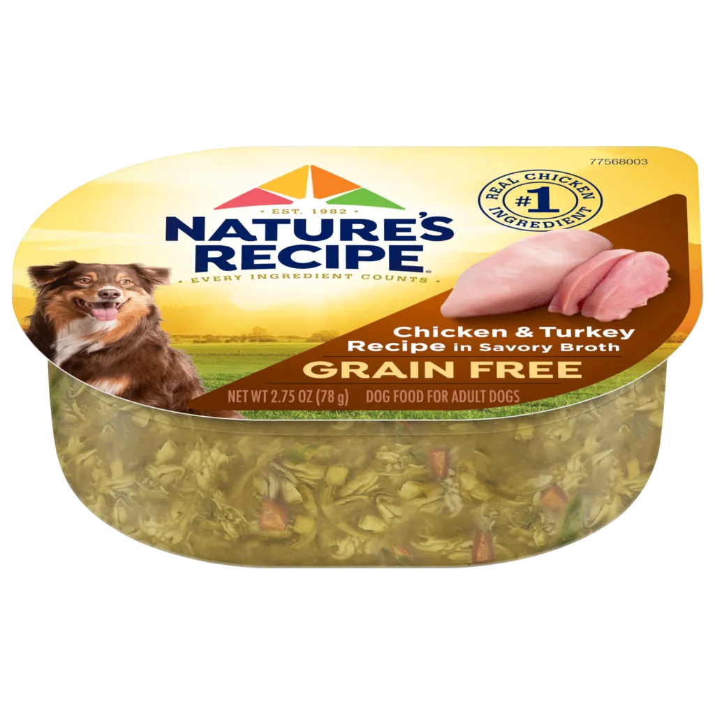 Delicious Nature's Recipe Grain Free Chicken and Turkey wet dog food in a bowl