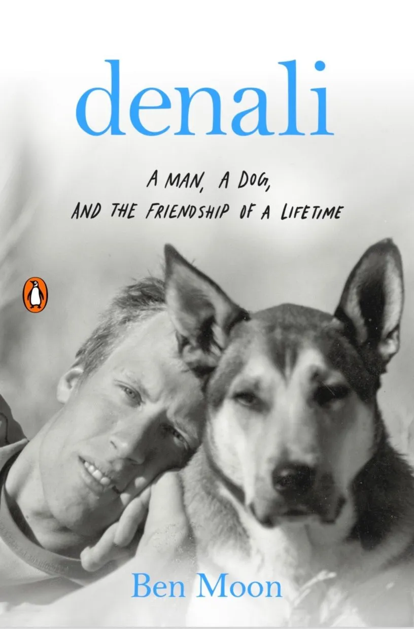 Denali book cover showing a man and his dog silhouetted against a mountain sunset, embodying friendship and adventure