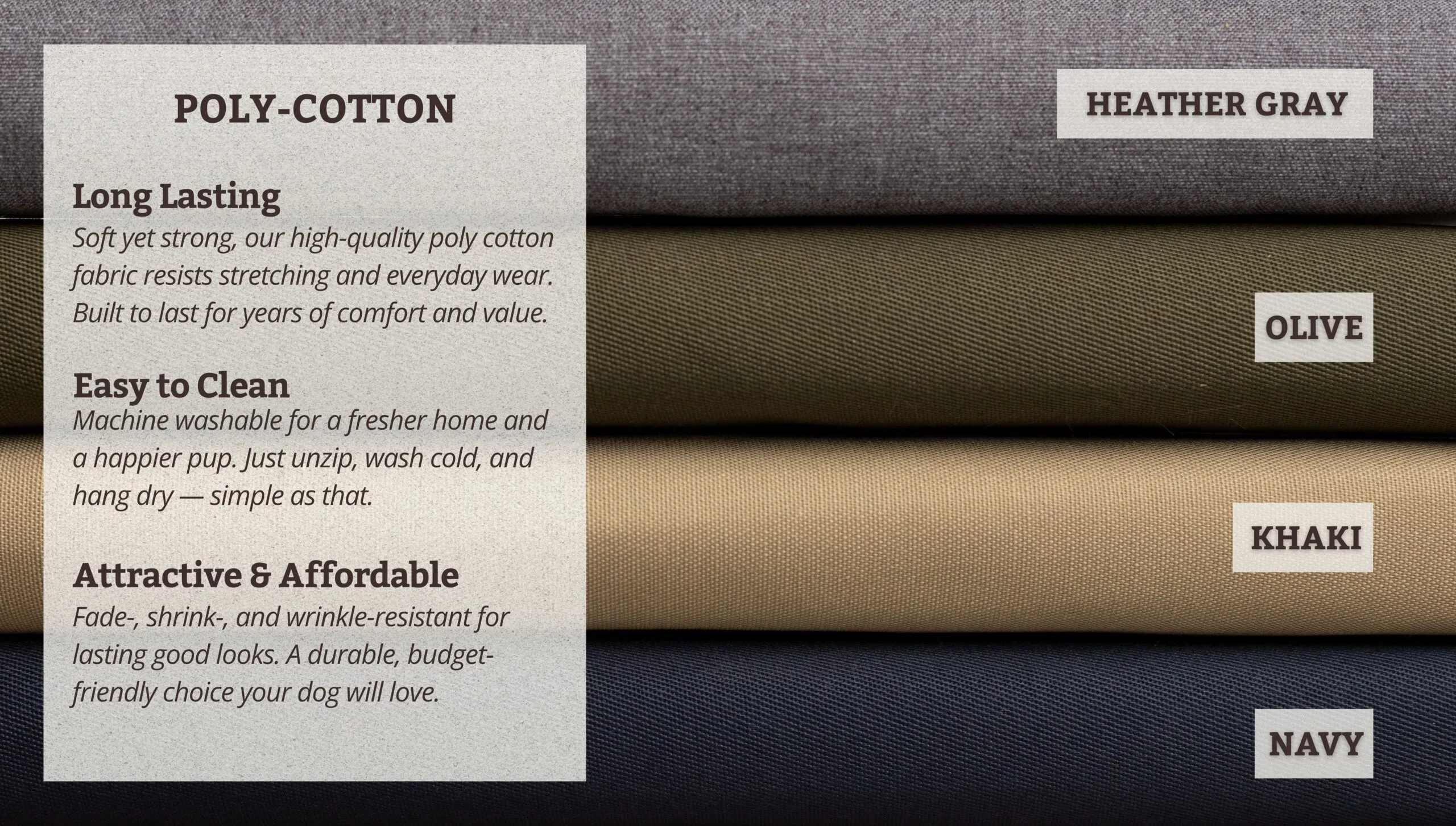 Detail of the durable poly-cotton fabric cover of a cozy cave dog bed, showing its woven texture.