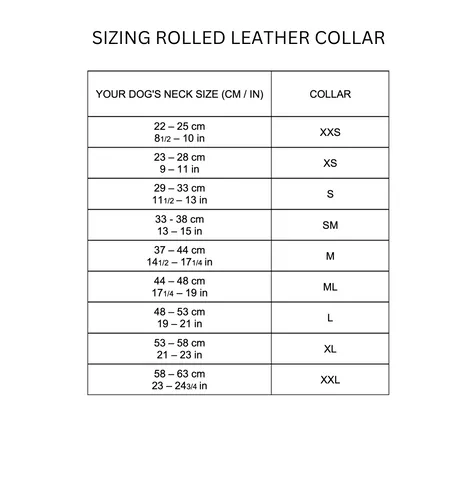 Detailed sizing chart for rolled leather dog collars, showing total length and thickness for various sizes from XXS to XL