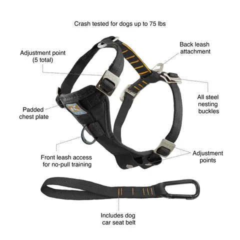 Diagram illustrating the Kurgo dog seat belt harness features and connection points