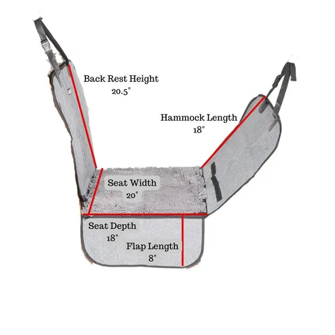 Diagram showing the dimensions and specifications of a grey single dog car seat cover, illustrating its size and how it fits in a car.