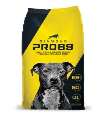 Diamond PRO89 dog food bag with a vibrant blue label, highlighting its high-protein formula for active dogs