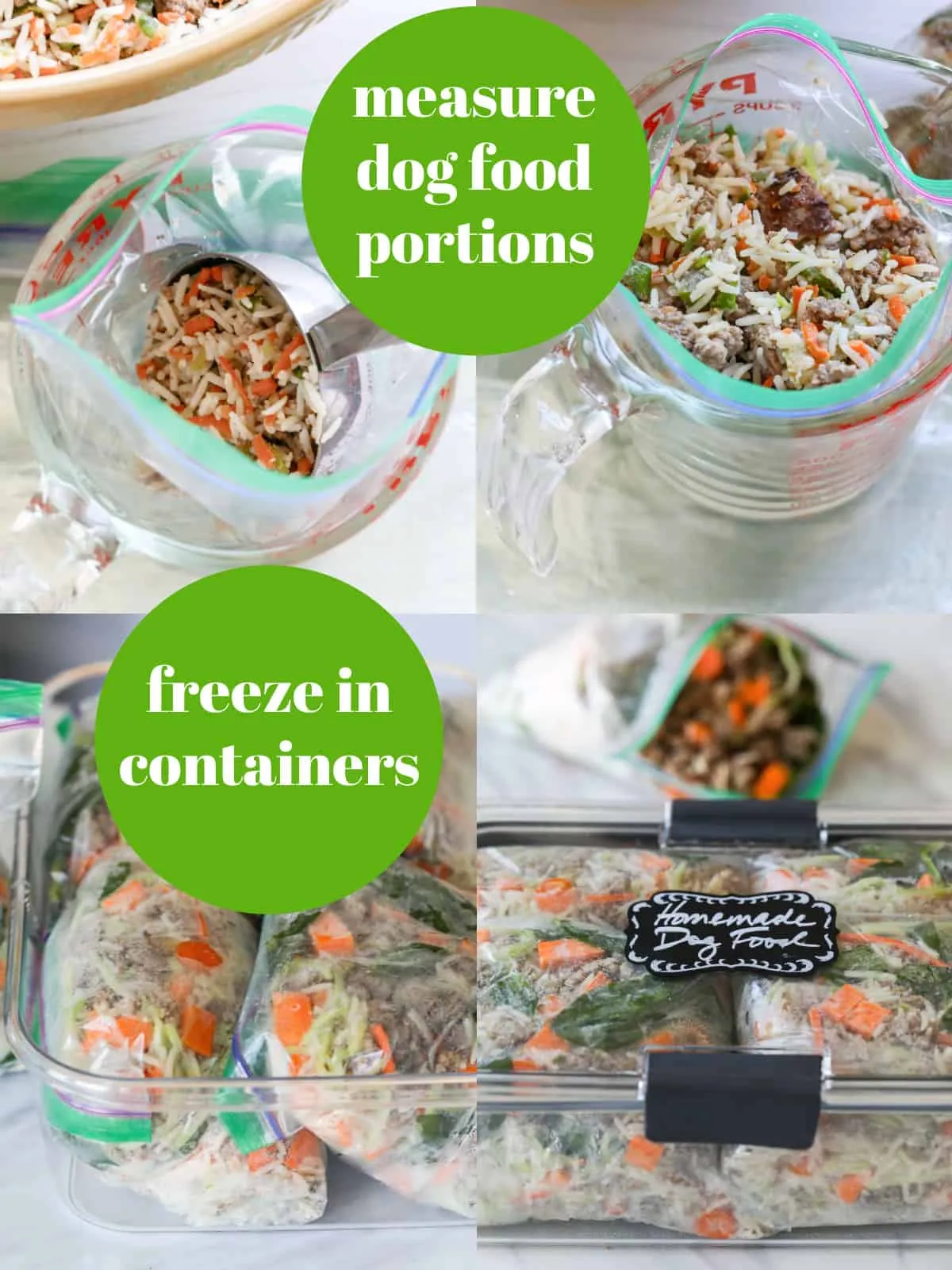 Dog food is portioned out into freezer bags.