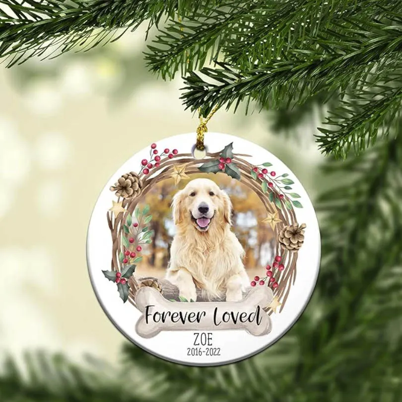 Dog memorial ceramic Christmas ornament with a photo space
