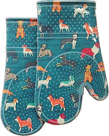 Dog-themed oven mitts with various breeds