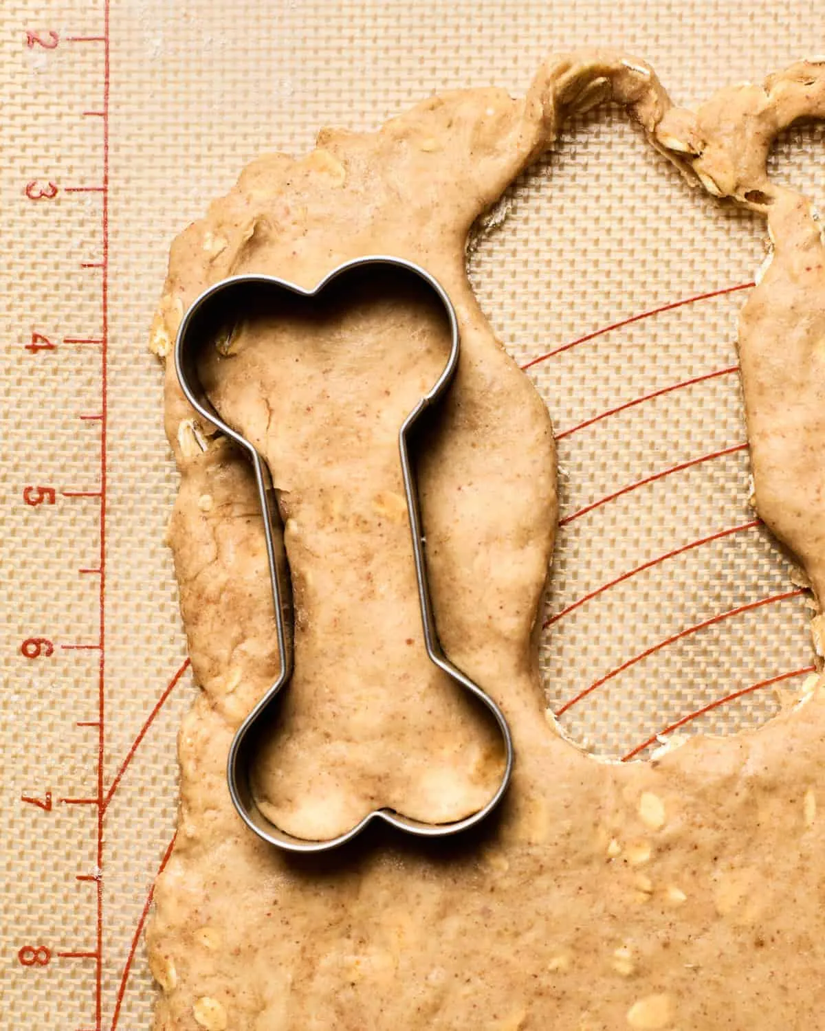Dog treats cut out with a bone-shaped cookie cutter on a baking sheet.