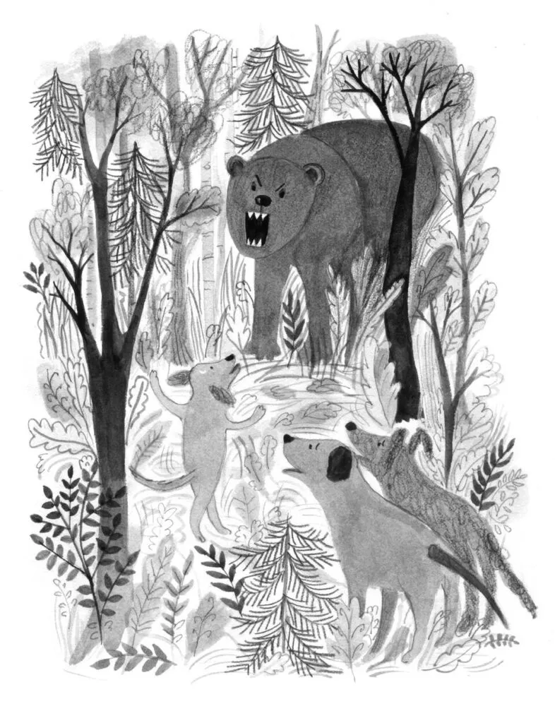 Dog with a thoughtful expression, possibly Mutt, sitting with puppies in a warm, inviting setting.