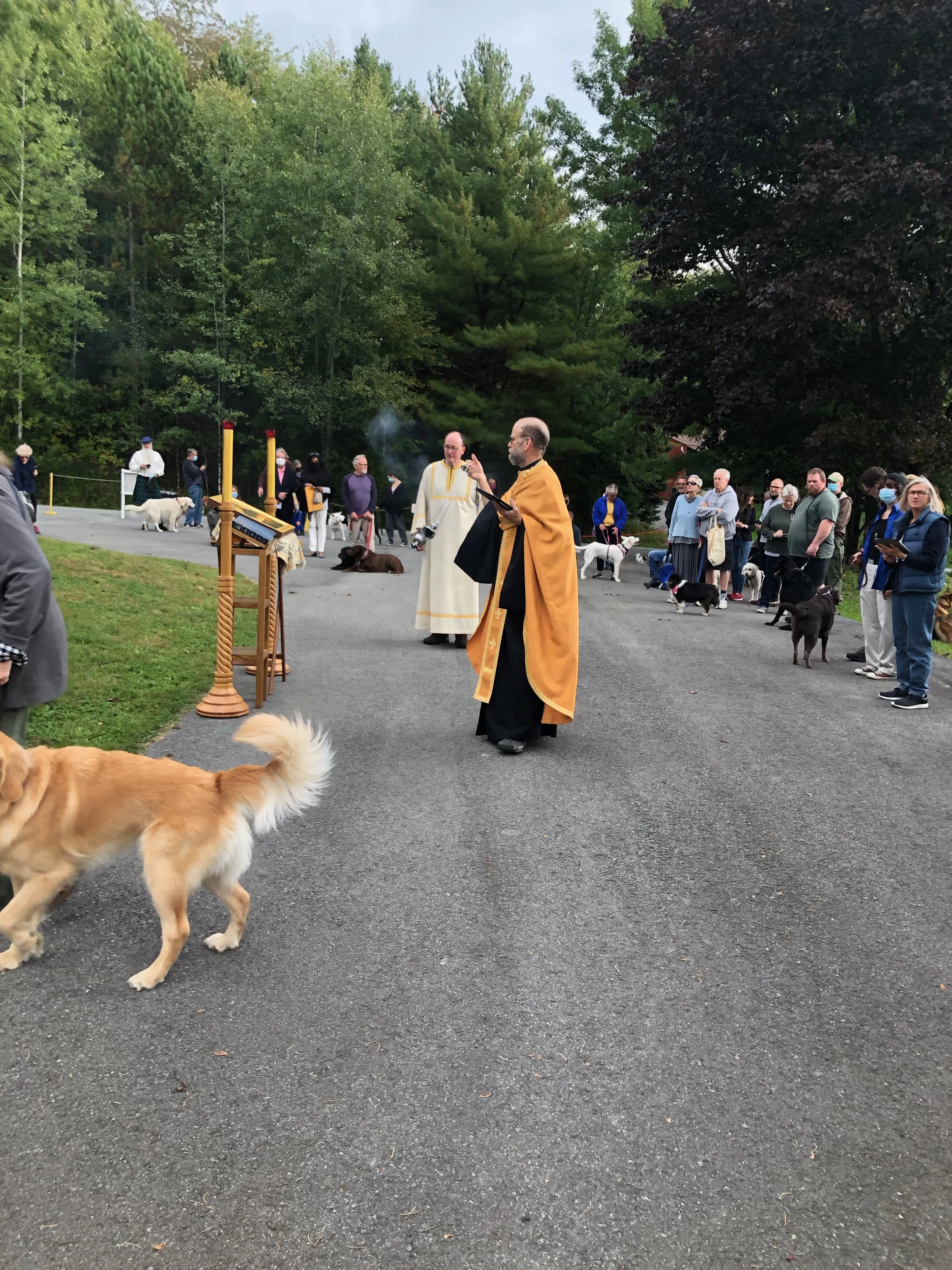 Dogs and their human companions eagerly gather for the annual Blessing of the Animals service led by the monks of New Skete Monastery.