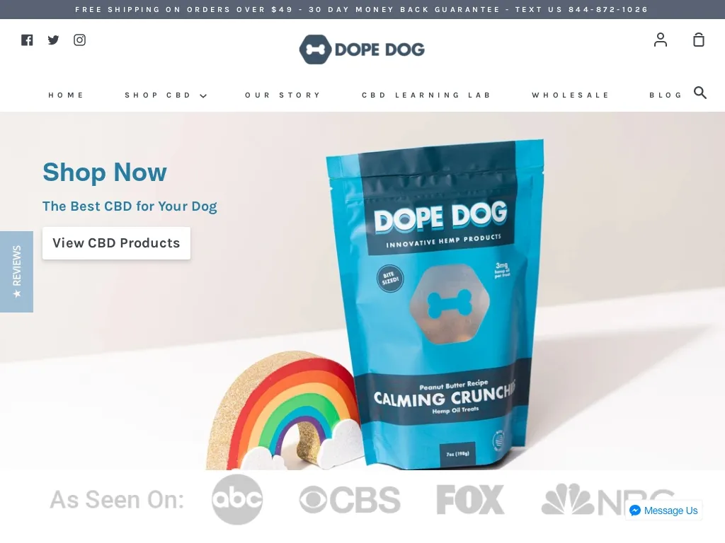 Dope Dog CBD products displayed with a happy dog, a testament to pet wellness business success
