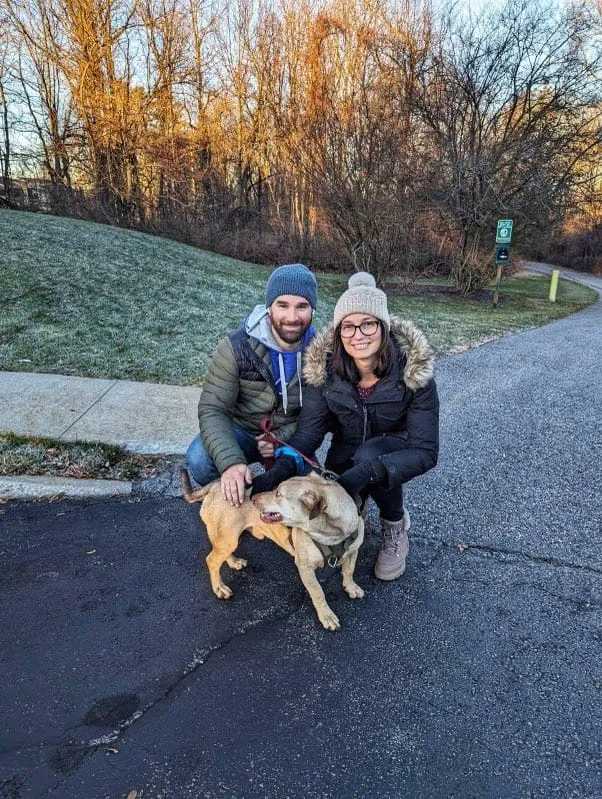 Dudley safe at home after his rescue, embodying a successful pet search and a heartwarming dog story.