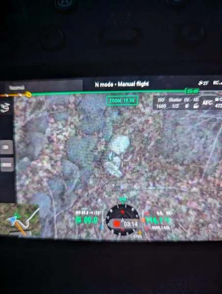 Dudley, the lost dog, spotted by thermal drone sleeping curled by a rock wall