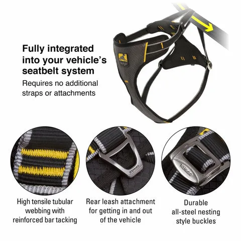 Durable metal buckles and thick webbing on a dog seat belt designed for large breeds