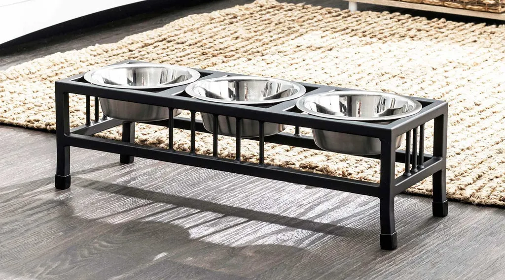 Elegant Baron 3 bowl raised dog feeder for multiple dogs, featuring stainless steel bowls on a wrought iron stand.