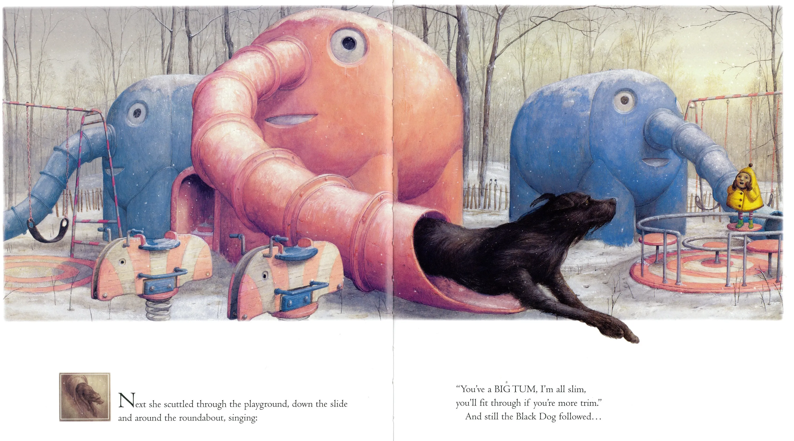 Elephants with trunks for slides in a playground setting.