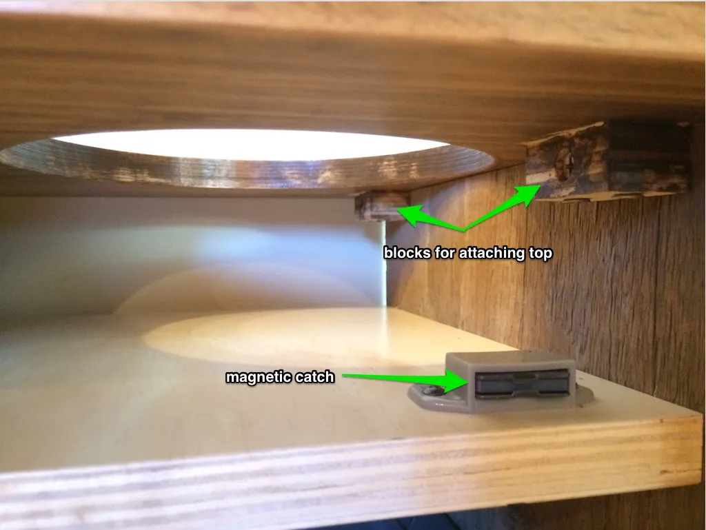 elevated dog bowl station top attachment and door catch