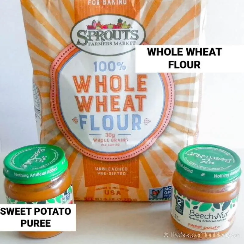 Essential ingredients for wholesome dog treats: sweet potato puree and whole wheat flour
