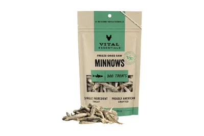 Freeze-dried raw minnow treats, offering protein and natural dental benefits for dogs.