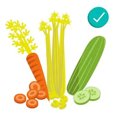 Fresh carrots, cucumber slices, and celery sticks, healthy low-calorie vegetables for dogs