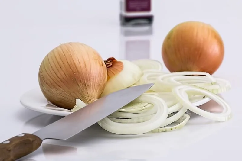 Freshly sliced onions, dangerous for dogs as they damage red blood cells.