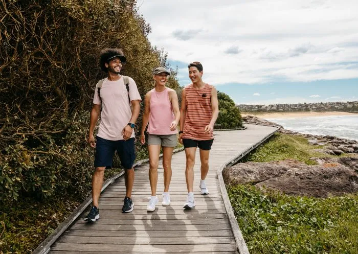 Friends on a coastal walk at Freshwater Beach, Northern Beaches