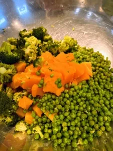 Frozen green peas, broccoli, and pumpkin chunks, nutrient-rich vegetables for dogs