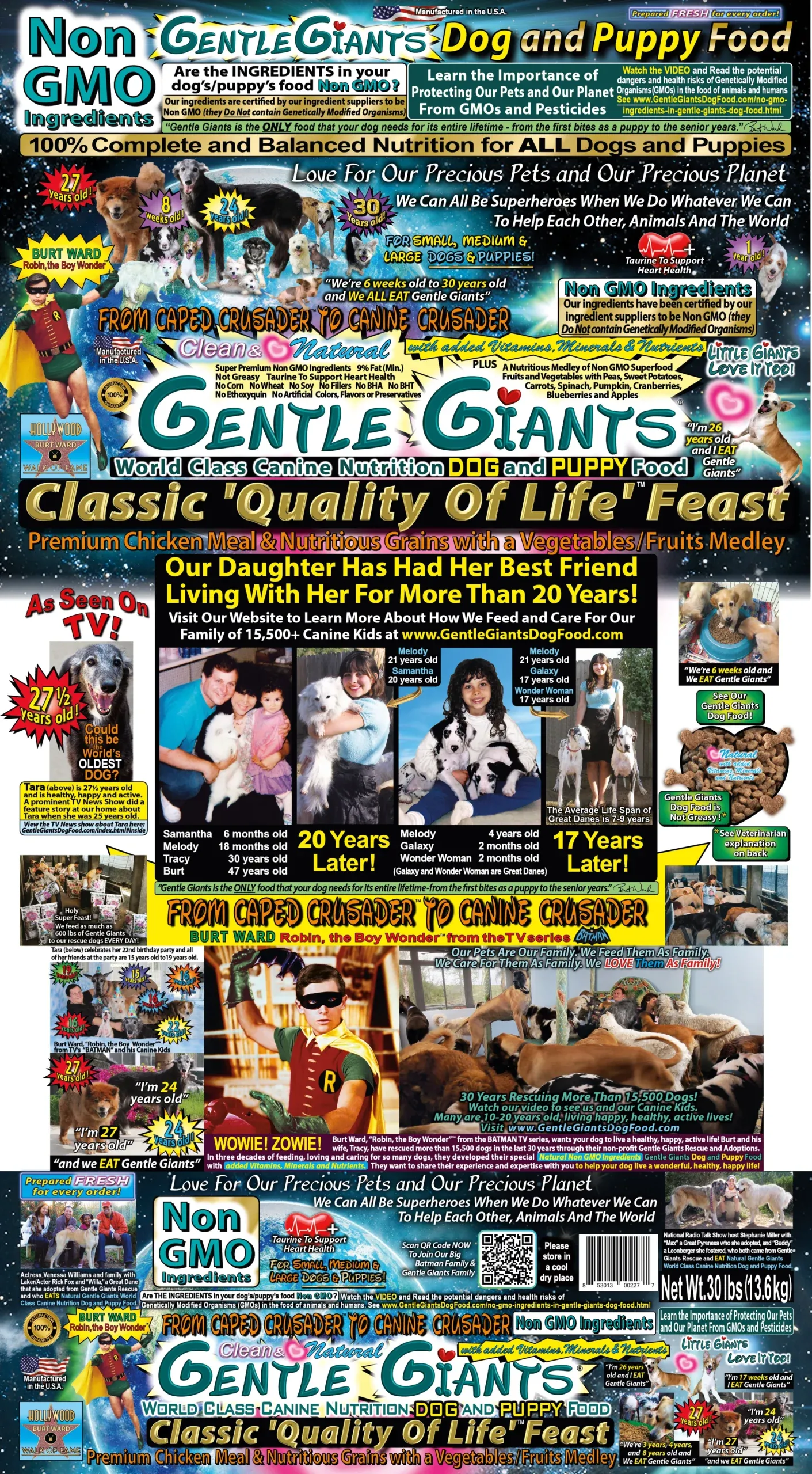 Gentle Giants Classic Quality of Life Feast dry dog food with chicken, a popular choice reviewed by Burt Ward's brand.