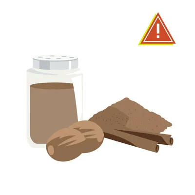 Ground nutmeg and cinnamon sticks, showing spices that are toxic or irritating to dogs