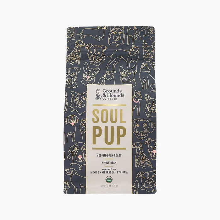 Grounds & Hounds Coffee Co. "Soul Pup" medium roast coffee bag, a thoughtful gift for dog-loving dads that supports pet rescue